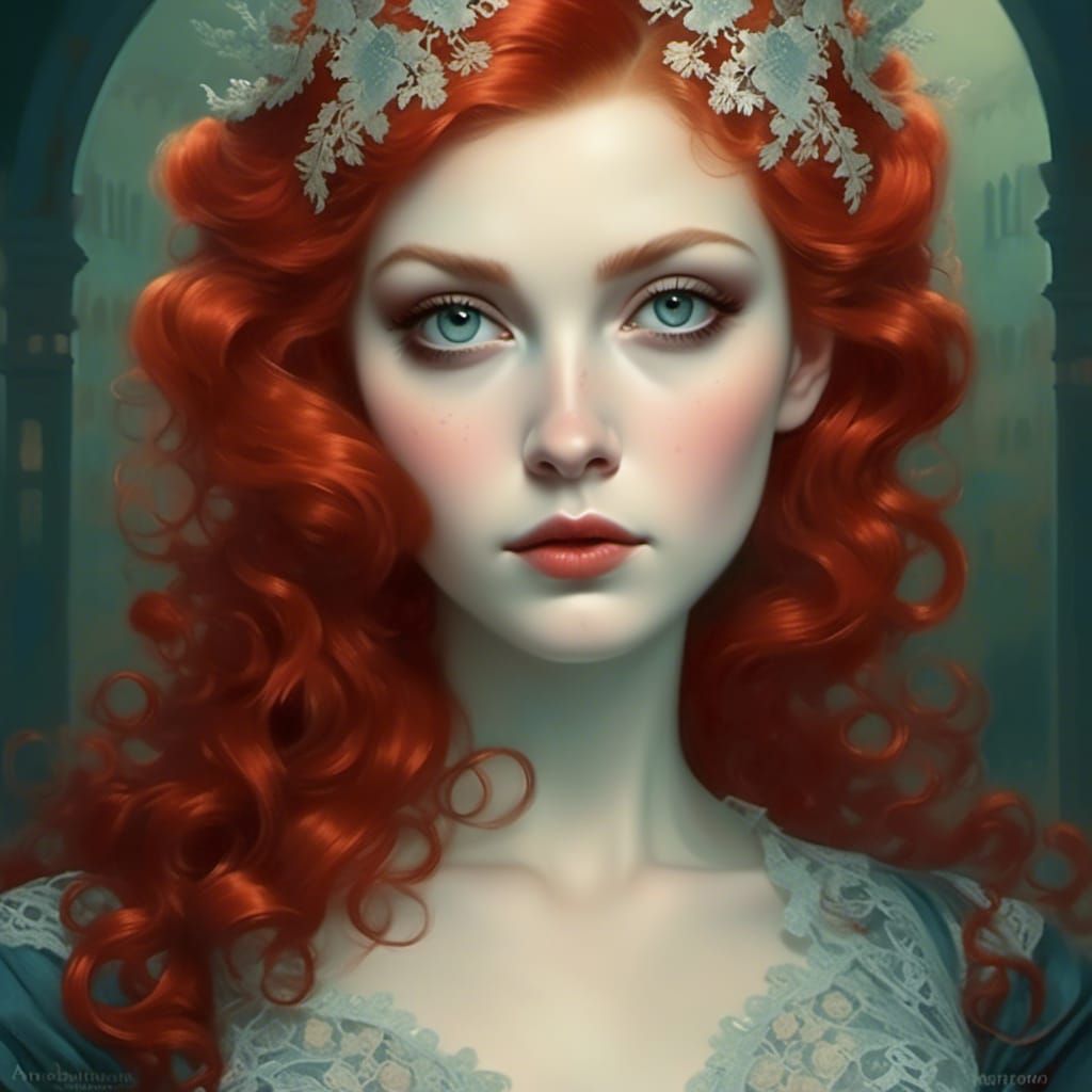 Rococo Red-Headed Lady in Lace Gown