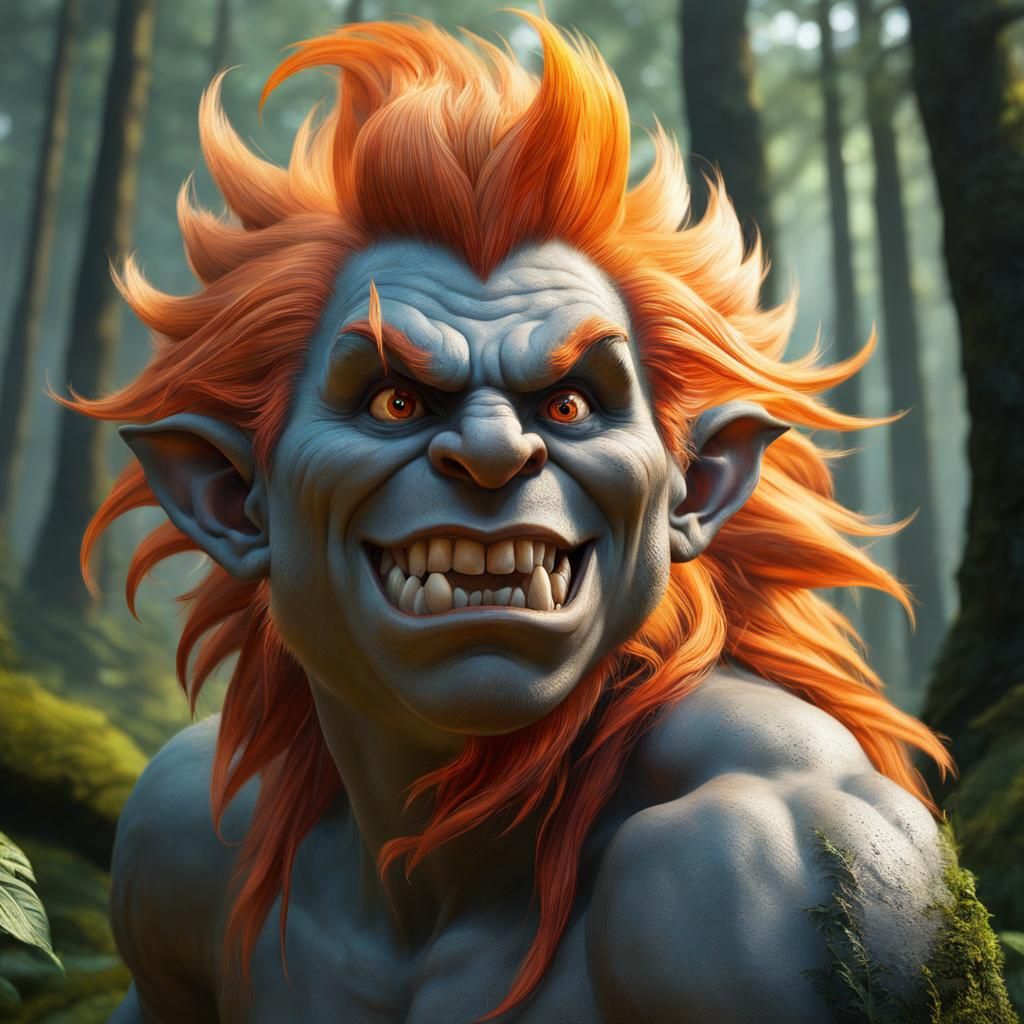 Hyperrealistic Mad Troll Portrait in Colorful Forest