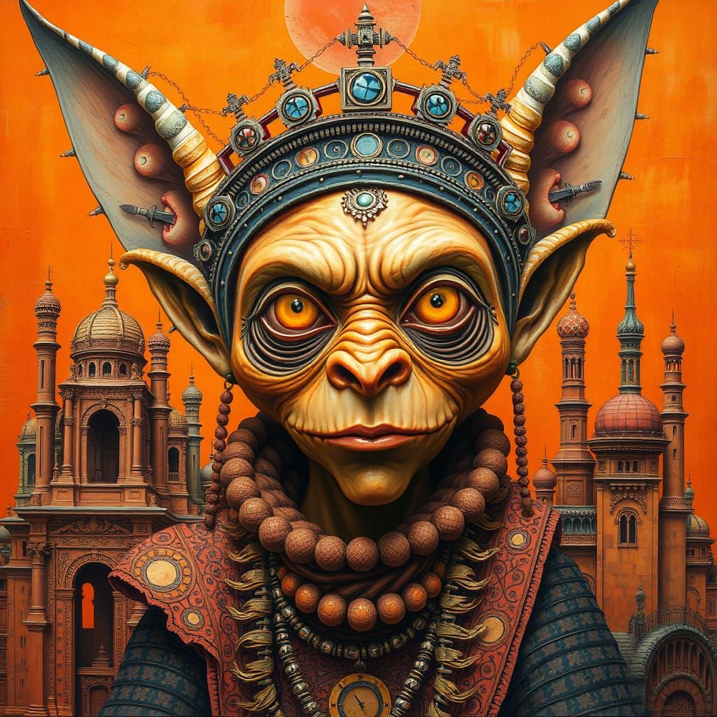 Surrealist Goblin Portrait in Vibrant Orange Hues