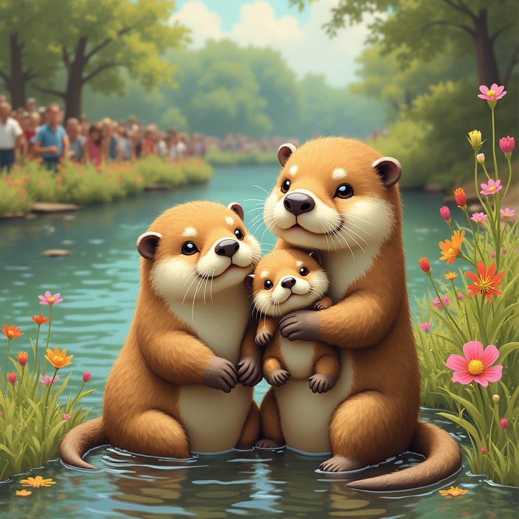 Otters Proudly Presenting Babies in Storybook Illustration