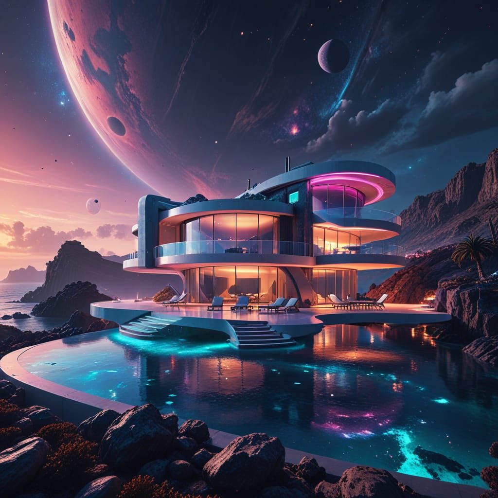 Surreal Futuristic Villa Basks in Ethereal Glow at Dusk