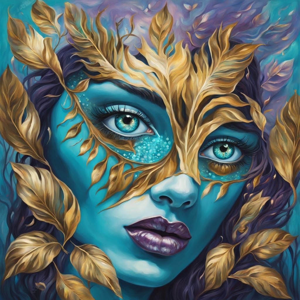 Surrealistic Woman with Glowing Swan in Turquoise Jungle