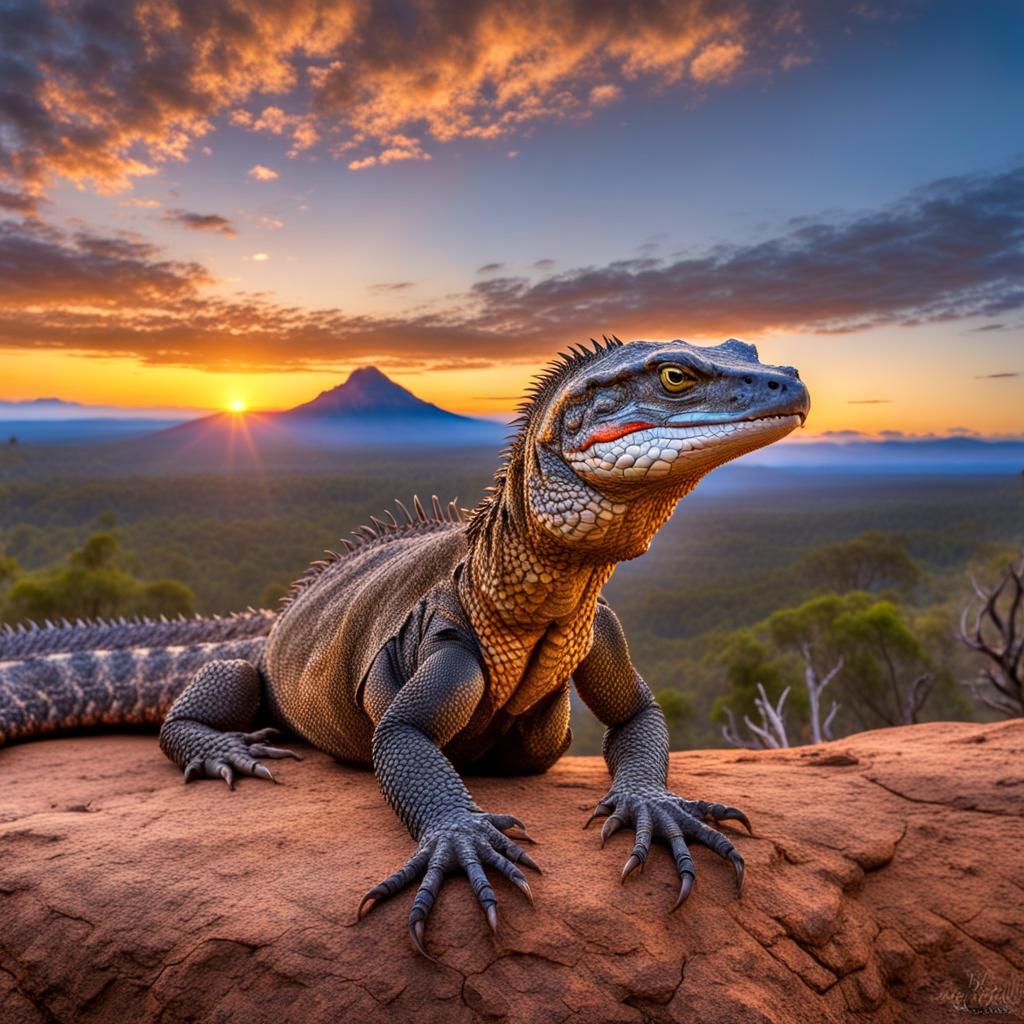 Goanna Portrait at Sunrise in Outback Australia