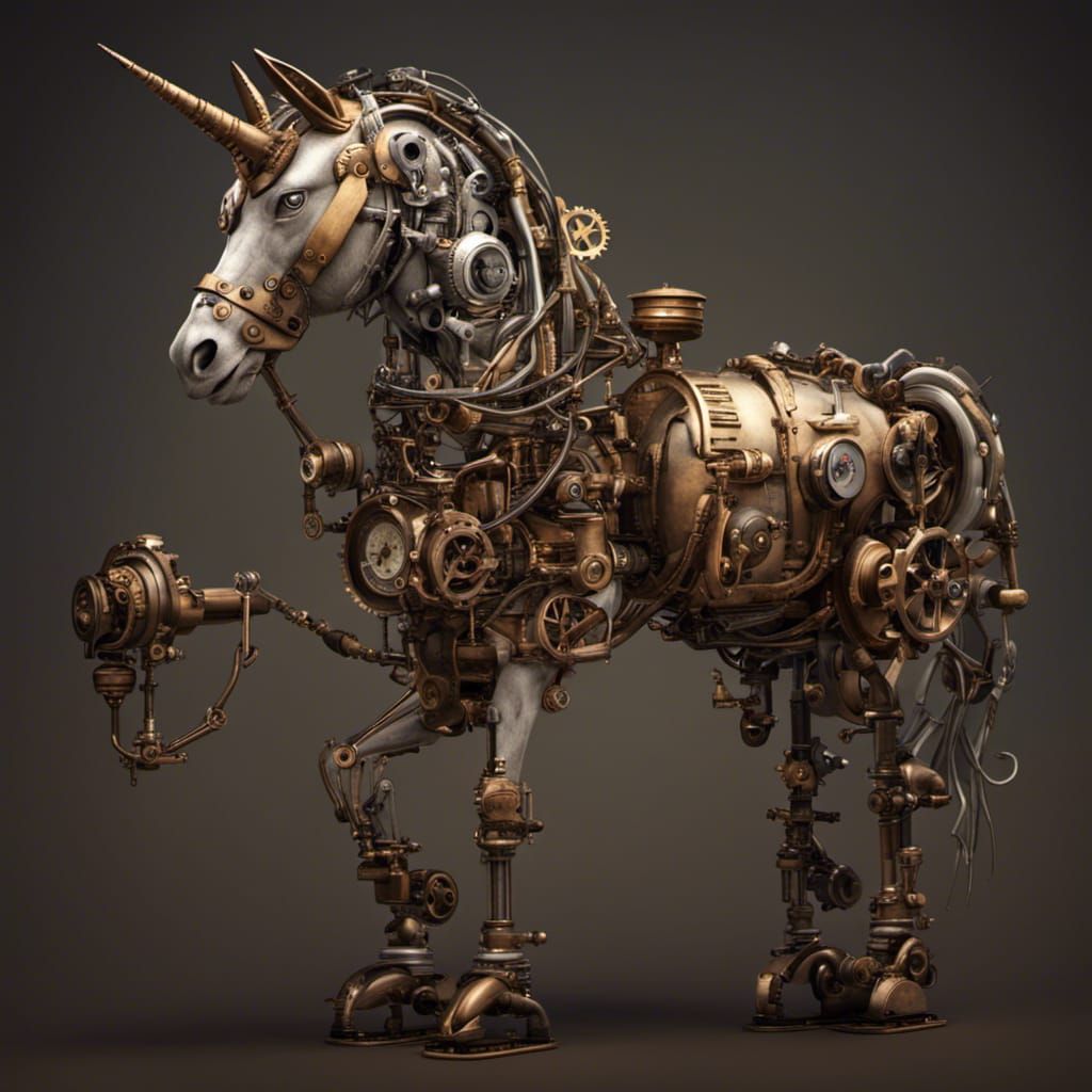 Steampunk Unicorn in Suit Before Engine