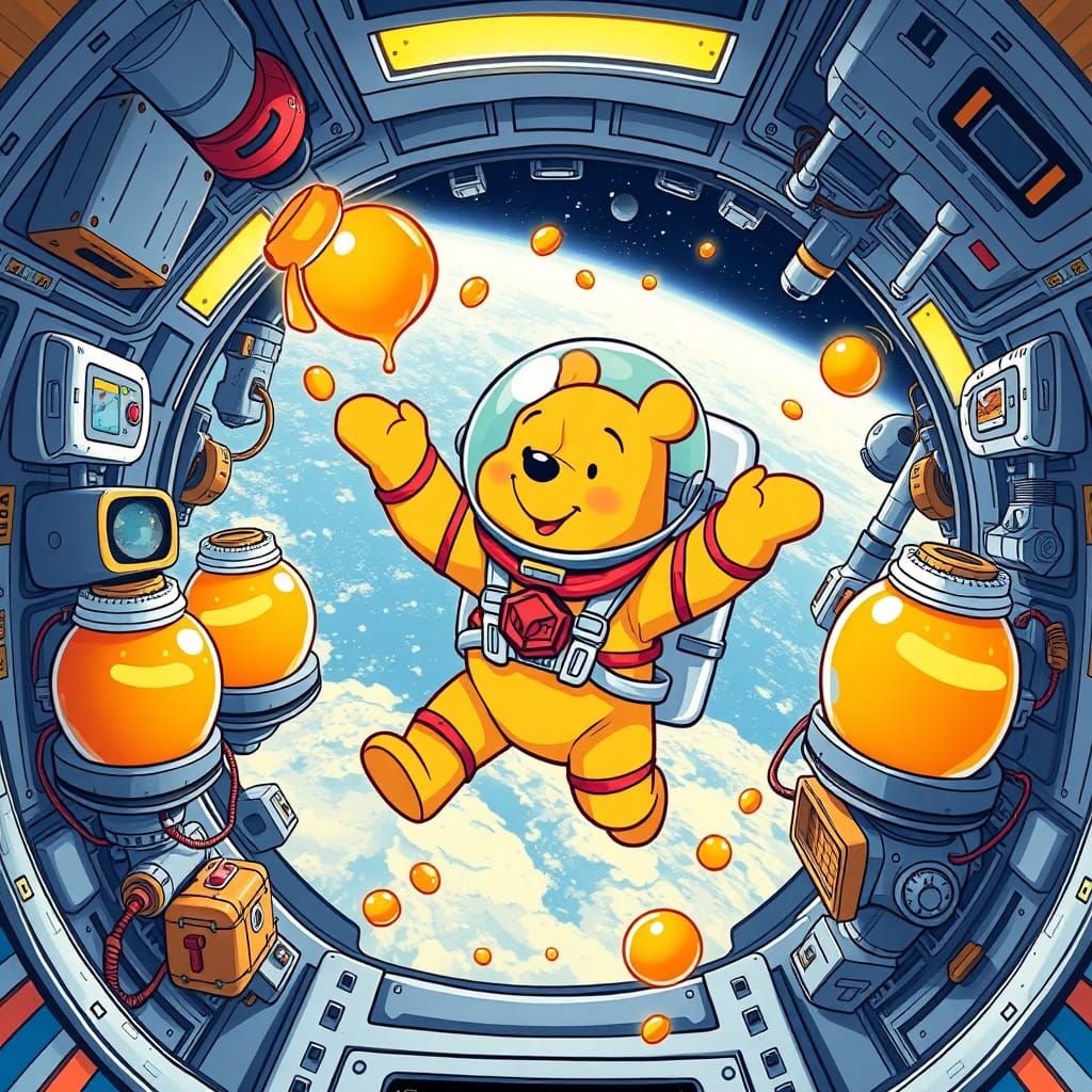 Winnie the Pooh in Vibrant Space Suit Amidst Honey Pots and ...