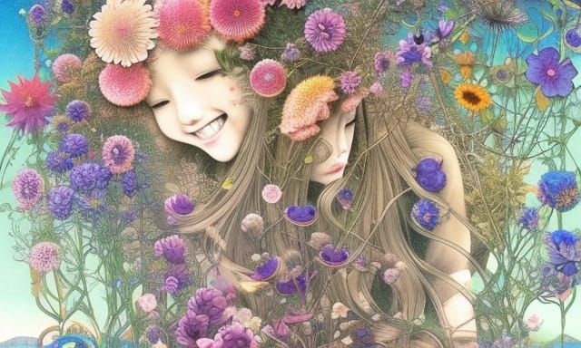 Smiling Figure on Floral Platform in Dynamic Forest