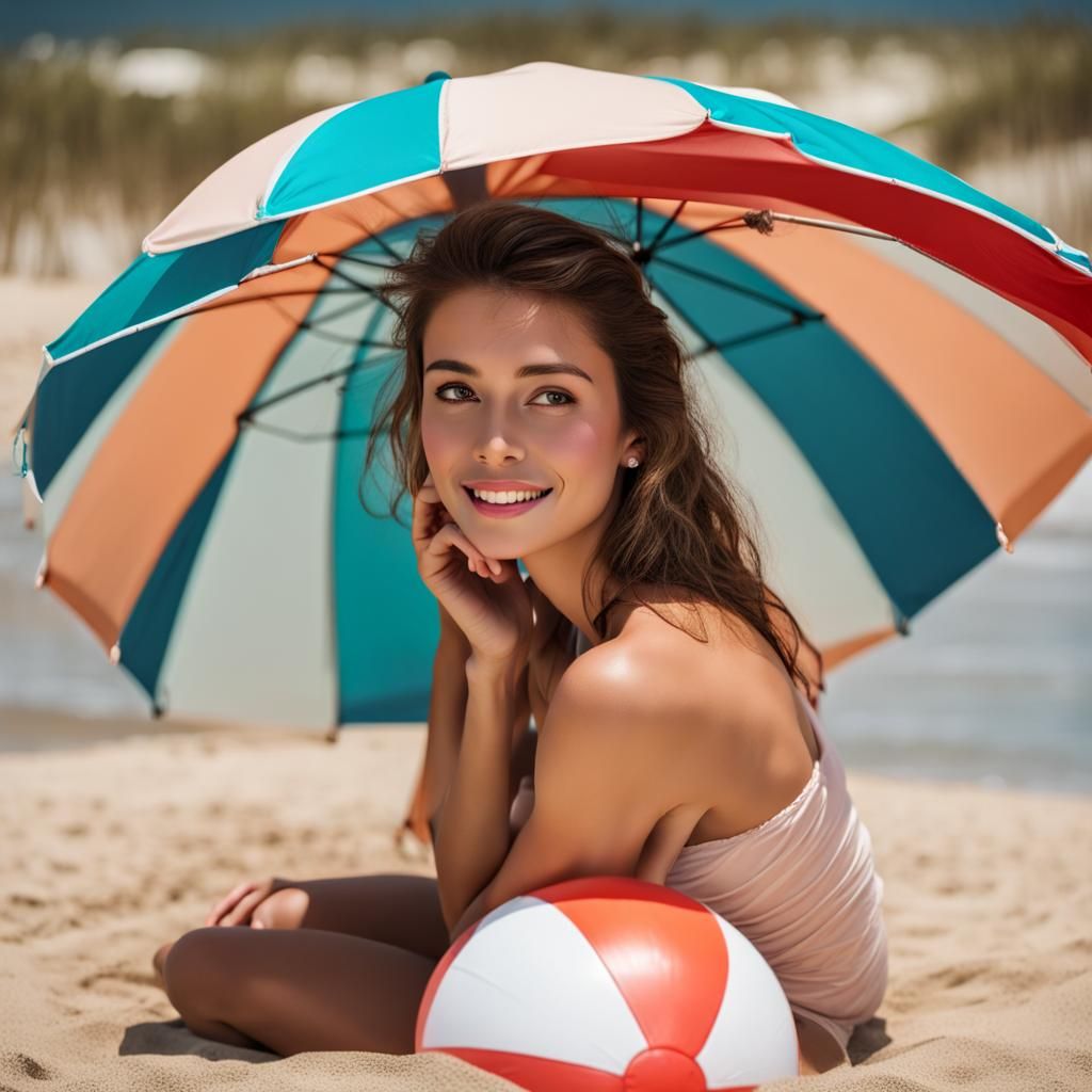 Girl Posing with Umbrella on Beach