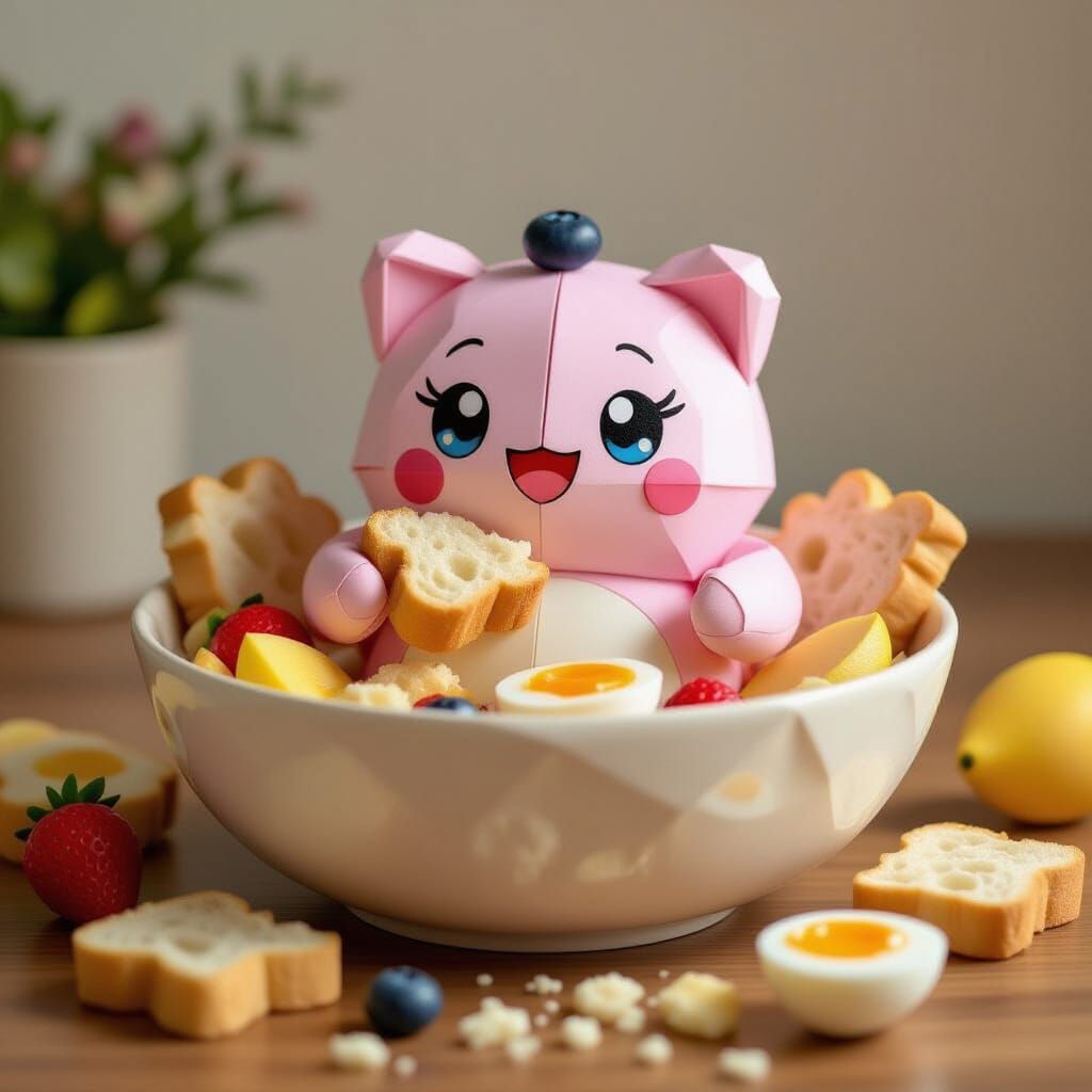 Kirby in Origami Papercraft Style Enjoying a Meal