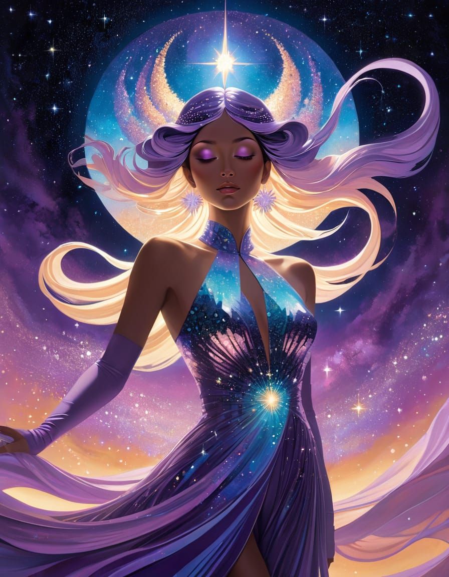 Glowing Celestial Goddess in Iridescent Sequins