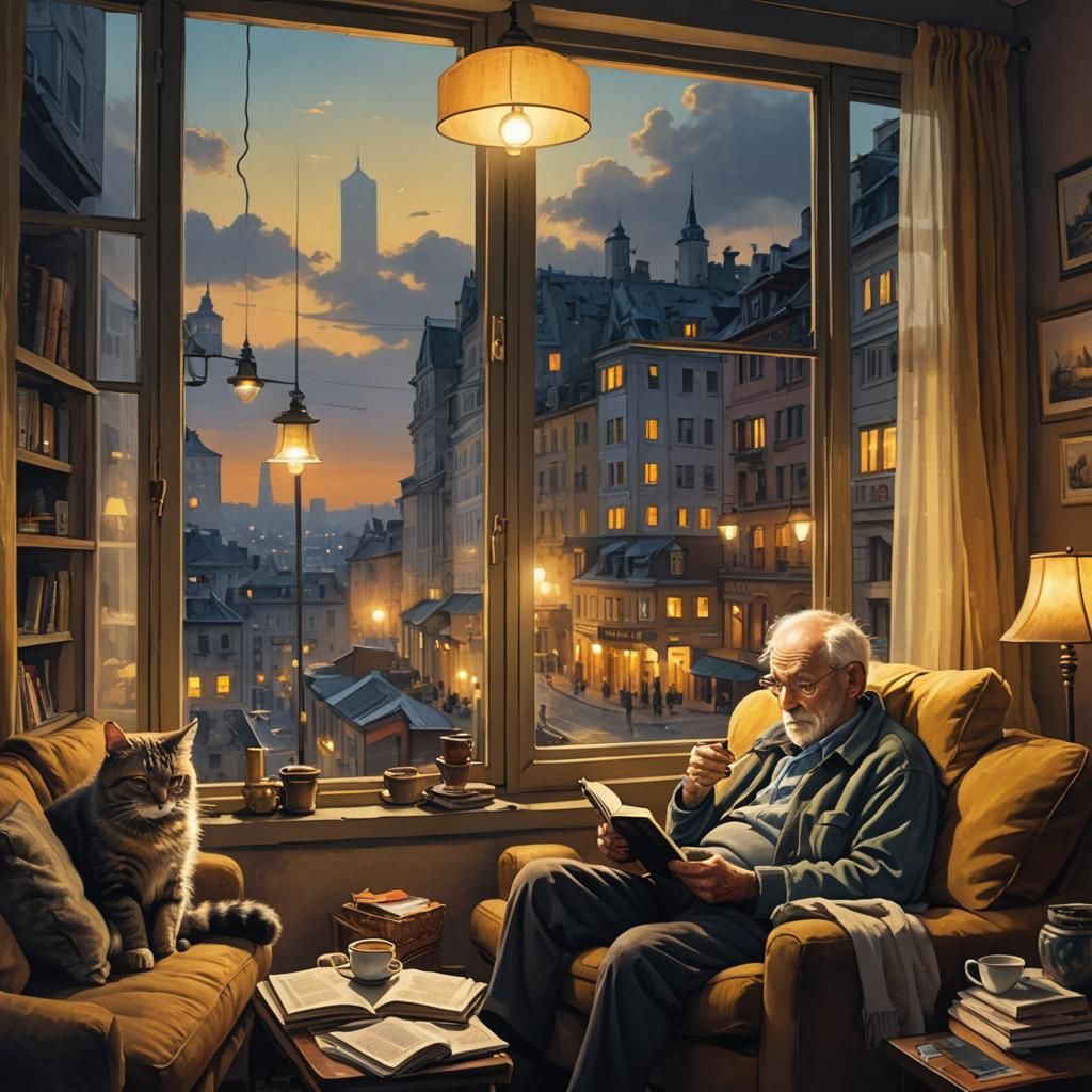 Cozy Evening: Old Man Reading by City View