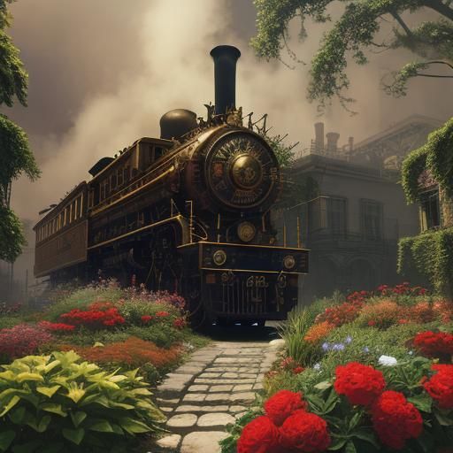 Steampunk Engine Overgrown with Plants in Hyperrealistic Sty...