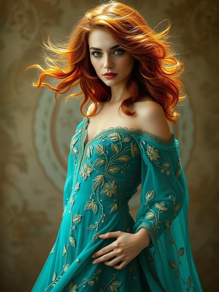 Auburn-Haired Goddess in Rococo Art Nouveau Style