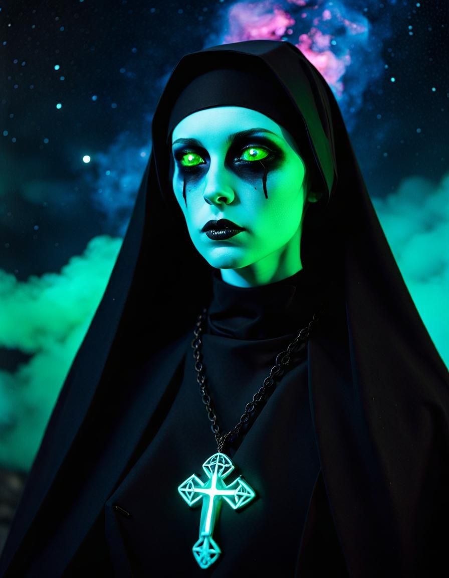 Neon Necromancer Nun with Noir Necklace in Naples
