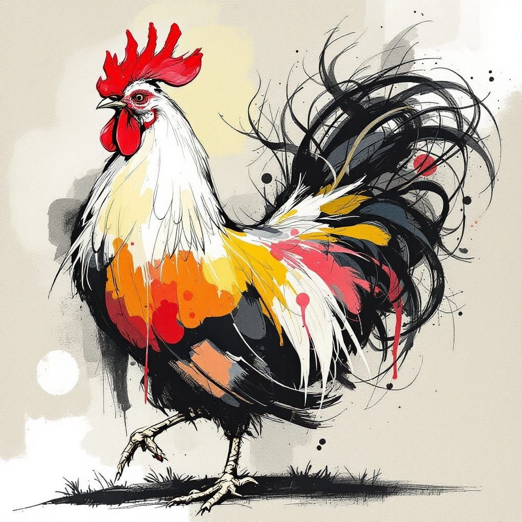 Confident Rooster in Vibrant Ink and Color