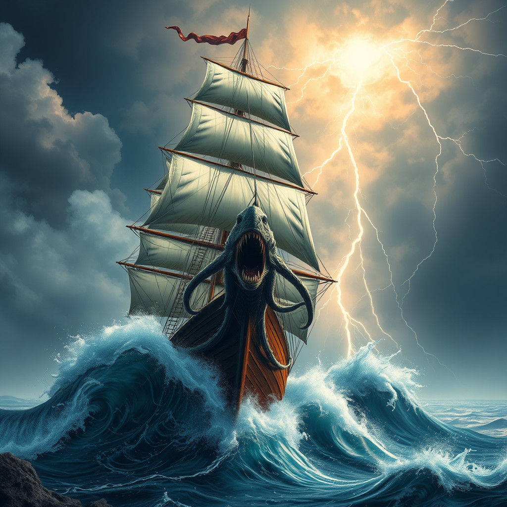 Epic Sailing Ship Cresting Edge of Earth