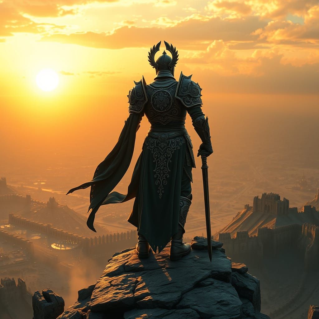 Epic Warrior Stands Unyielding Amidst Apocalyptic Ruin