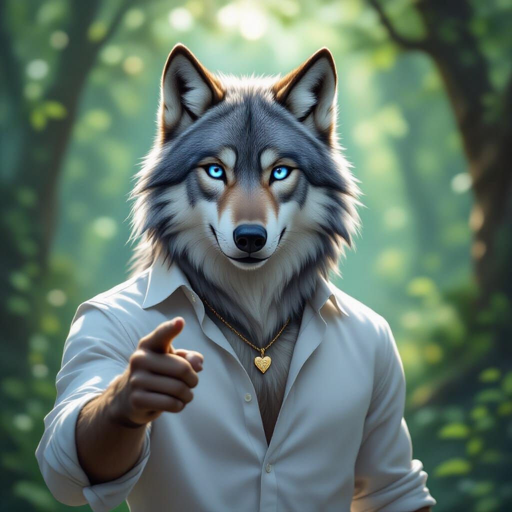 Anthropomorphic Wolf with Sapphire Eyes in Magical Forest