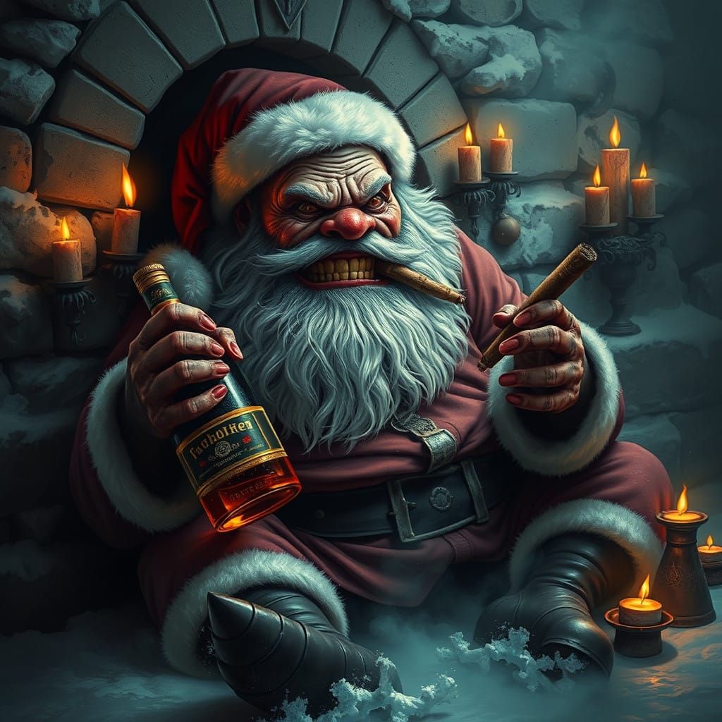 Imagine Santa as an evil drunk troll with a bottle of booze in one hand and a big fat smoking cigar in the other.