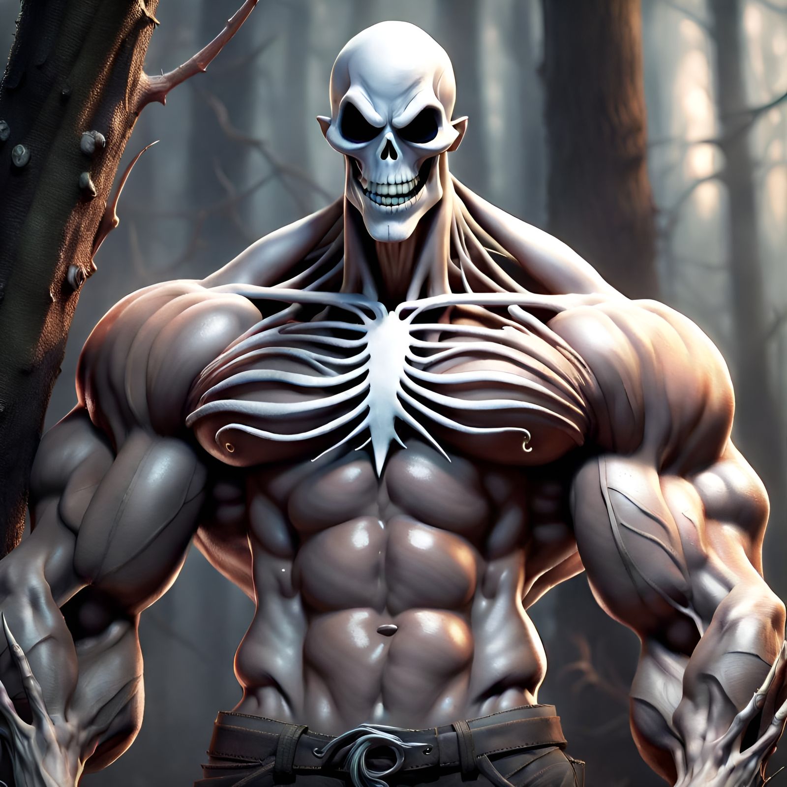 Muscular Jack Skellington Flexing in Smoky Forest