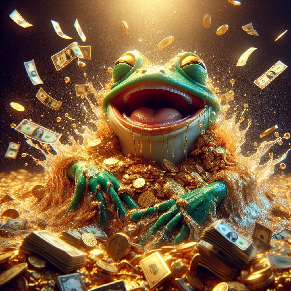 Joyful Frog Bathes in Gold: Hyperrealistic Splash Art