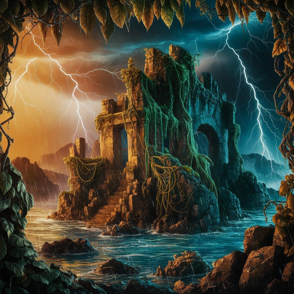 Tropical Island Fantasy Scene in Golden Hues