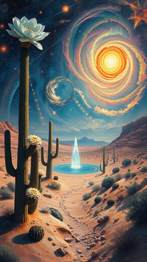Surreal Desert Oasis with Crystalline Cacti and Light Flower...