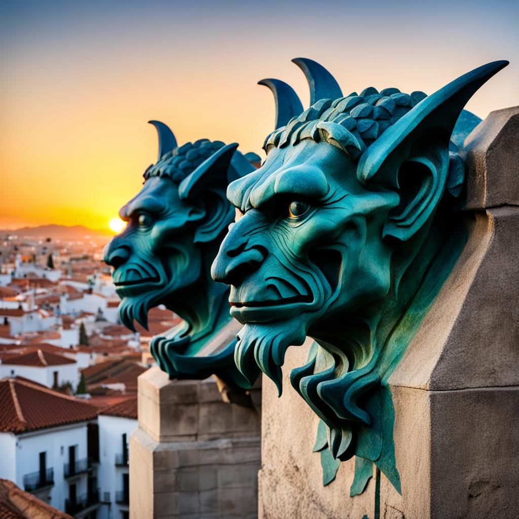 Spanish Gargoyles Against a Vibrant Sunrise