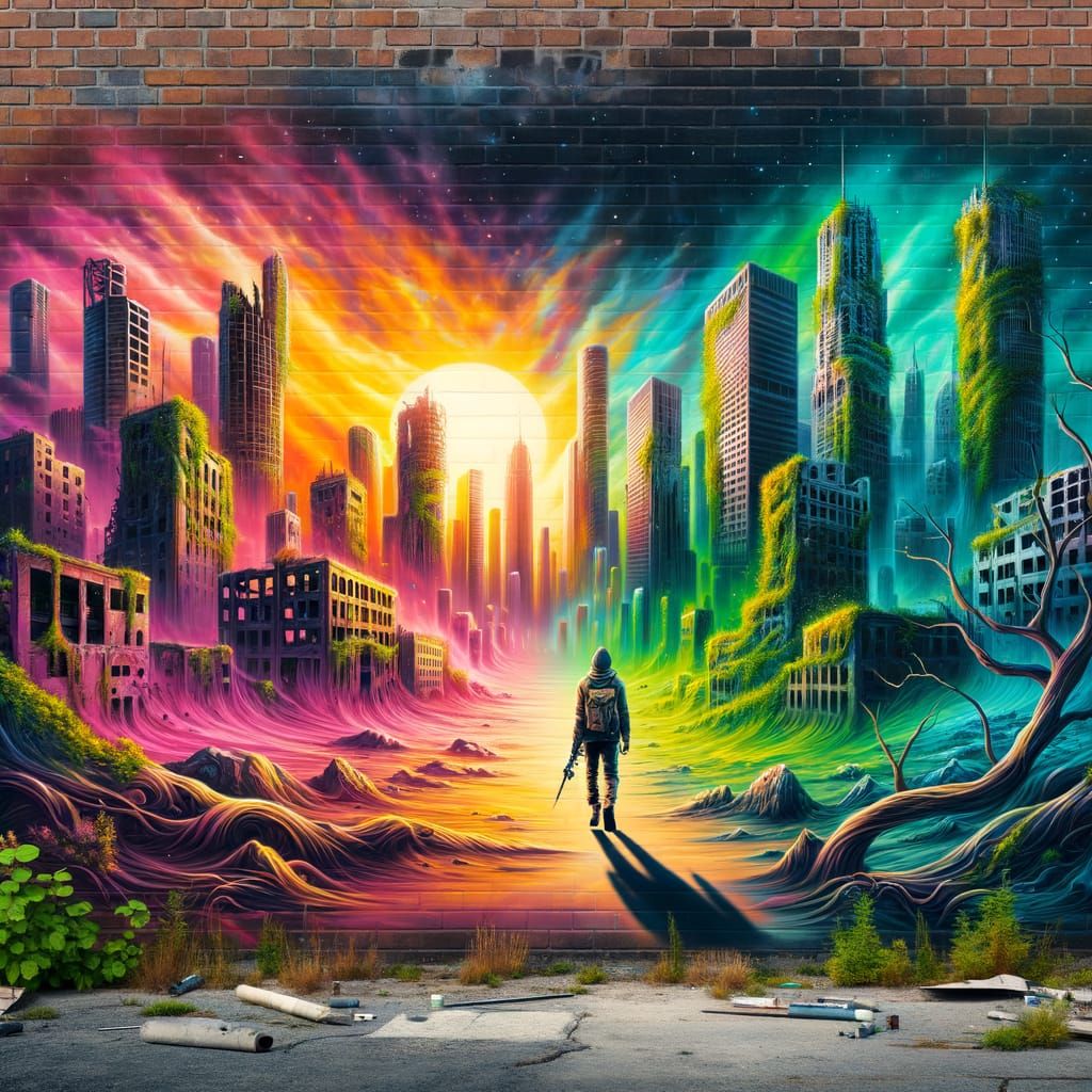 Airbrushed Mural: Post-Apocalyptic Cityscape Portrait