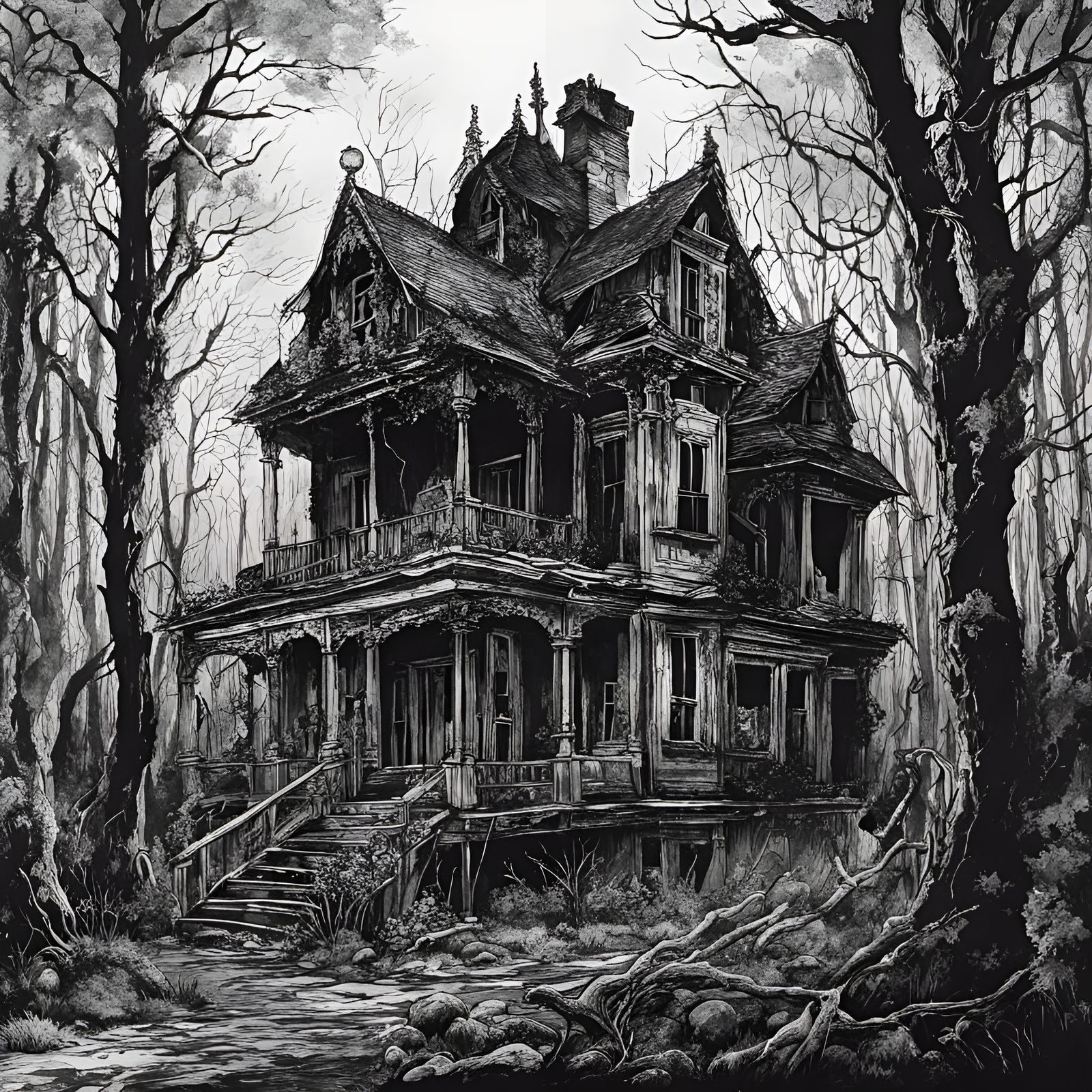 Creepy Abandoned House in Woods, Ink Drawing