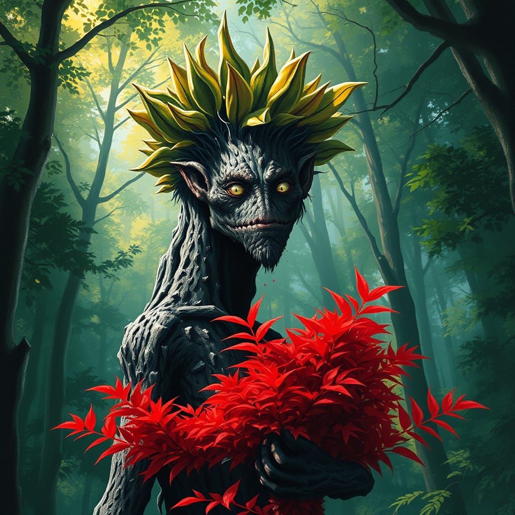 Enigmatic Forest Guardian in Vibrant, Textured Style