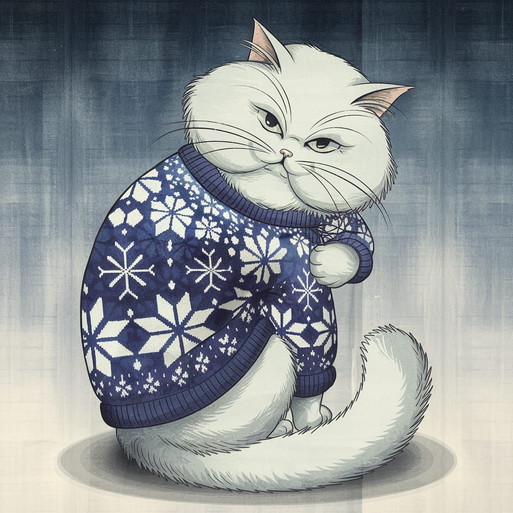 Anime Cat in Snowflake Jumper: Woodblock Print