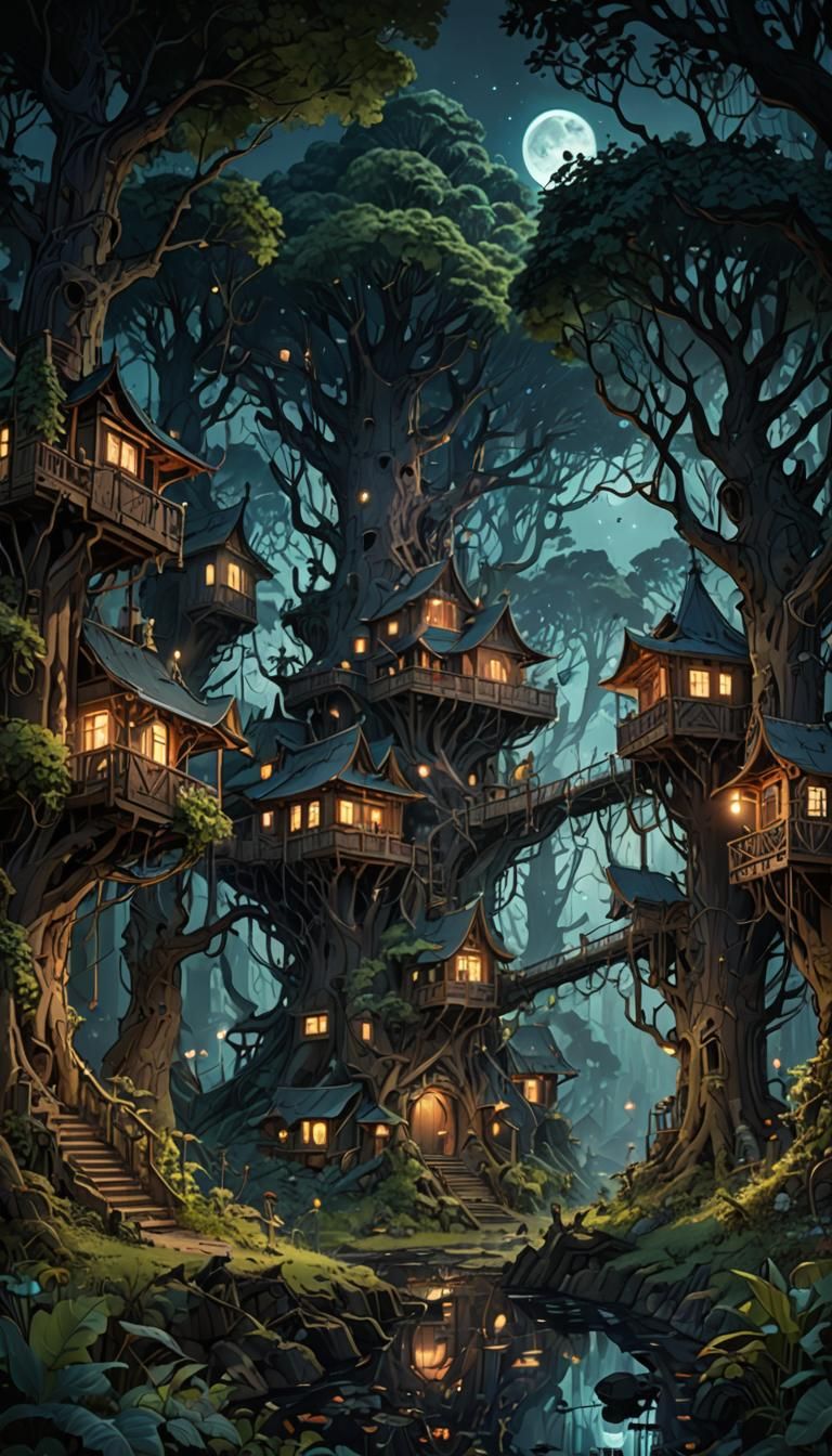 Magical Forest Village in Dark Fantasy Style