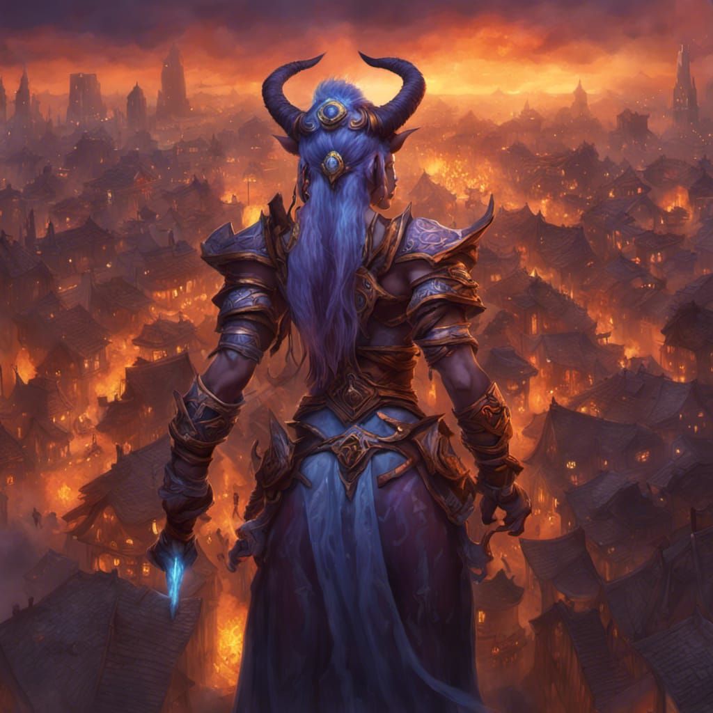 Draenei Shaman in Burning City, Fantasy Art