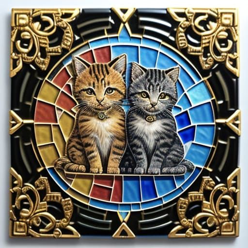 Kittens in Gold Glass Mosaic Celebrate New Year's
