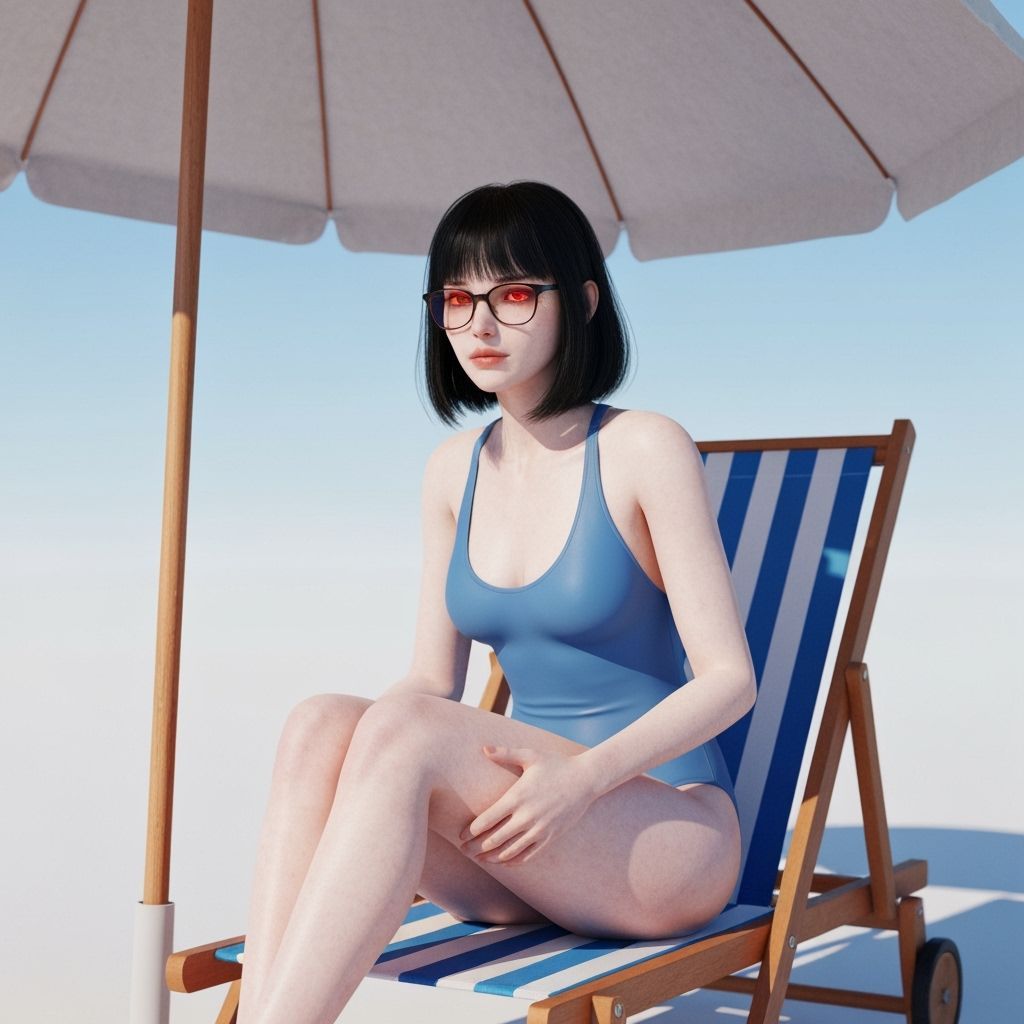 Woman with Red Eyes on Beach in Diffused Light