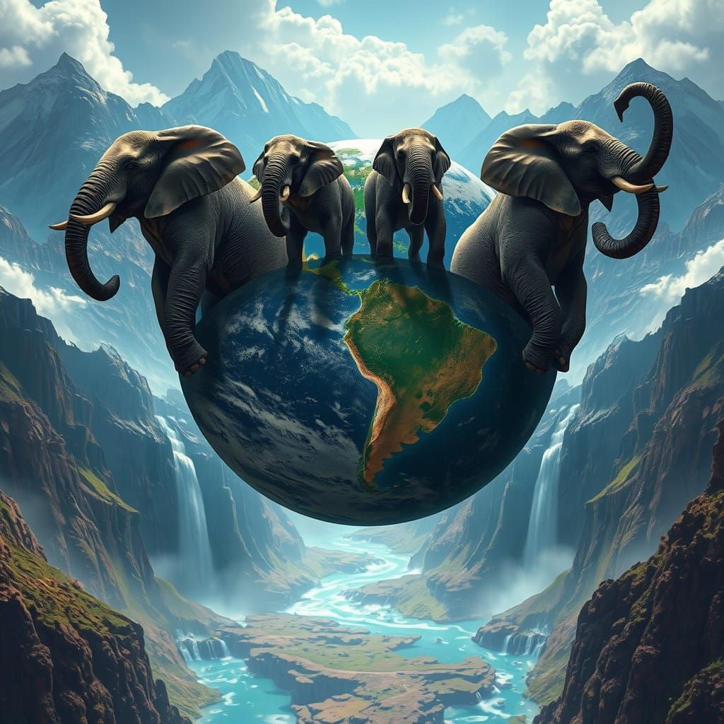 Mighty Elephants Holding Up a Flat Earth Amidst Towering Mou...