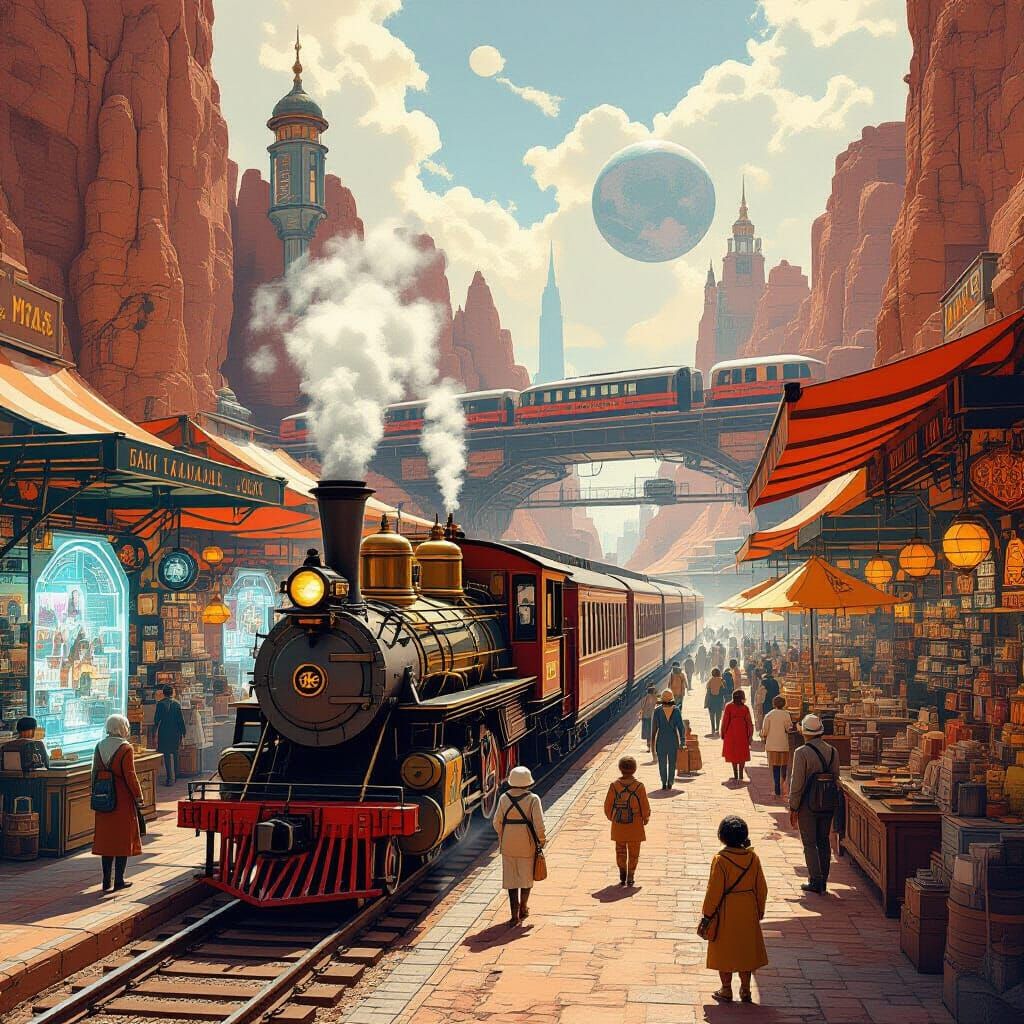 Retro-Futuristic Martian Market Train in Vibrant Illustratio...