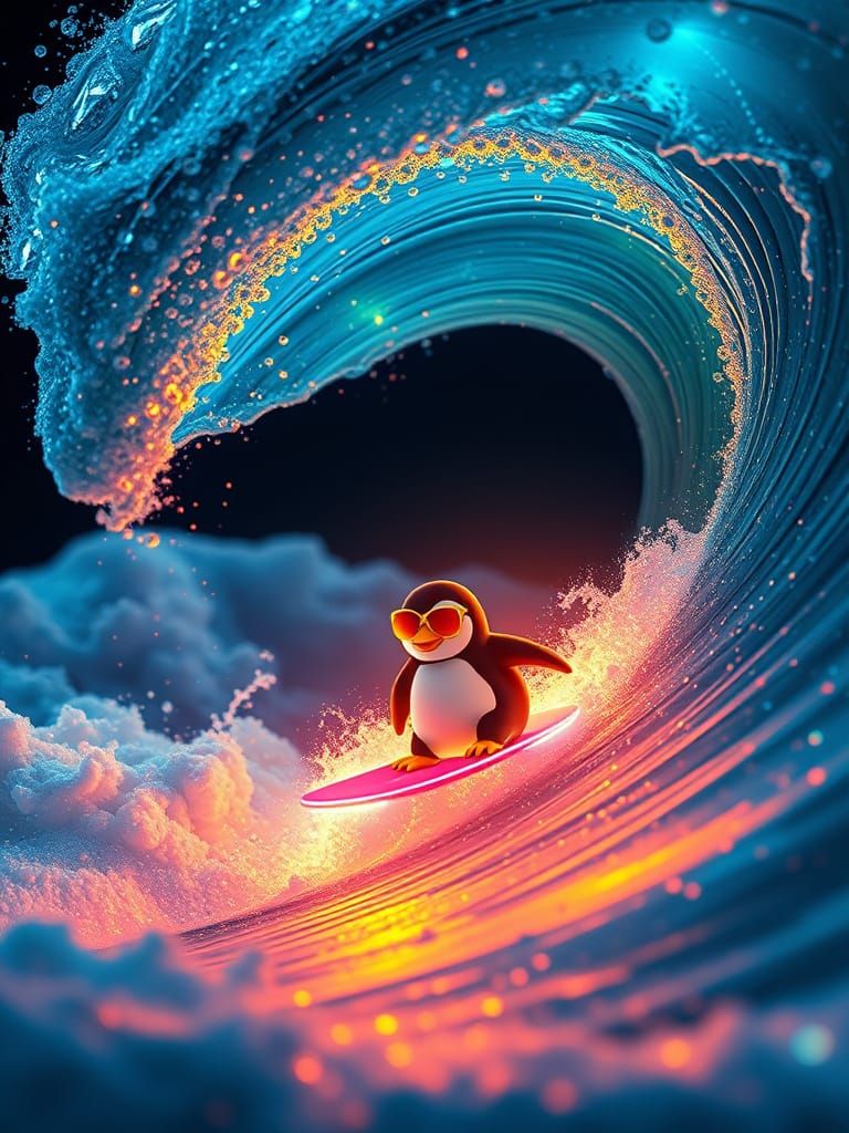 Neon Wave Surfing Penguins in Hyper-Surrealism Style