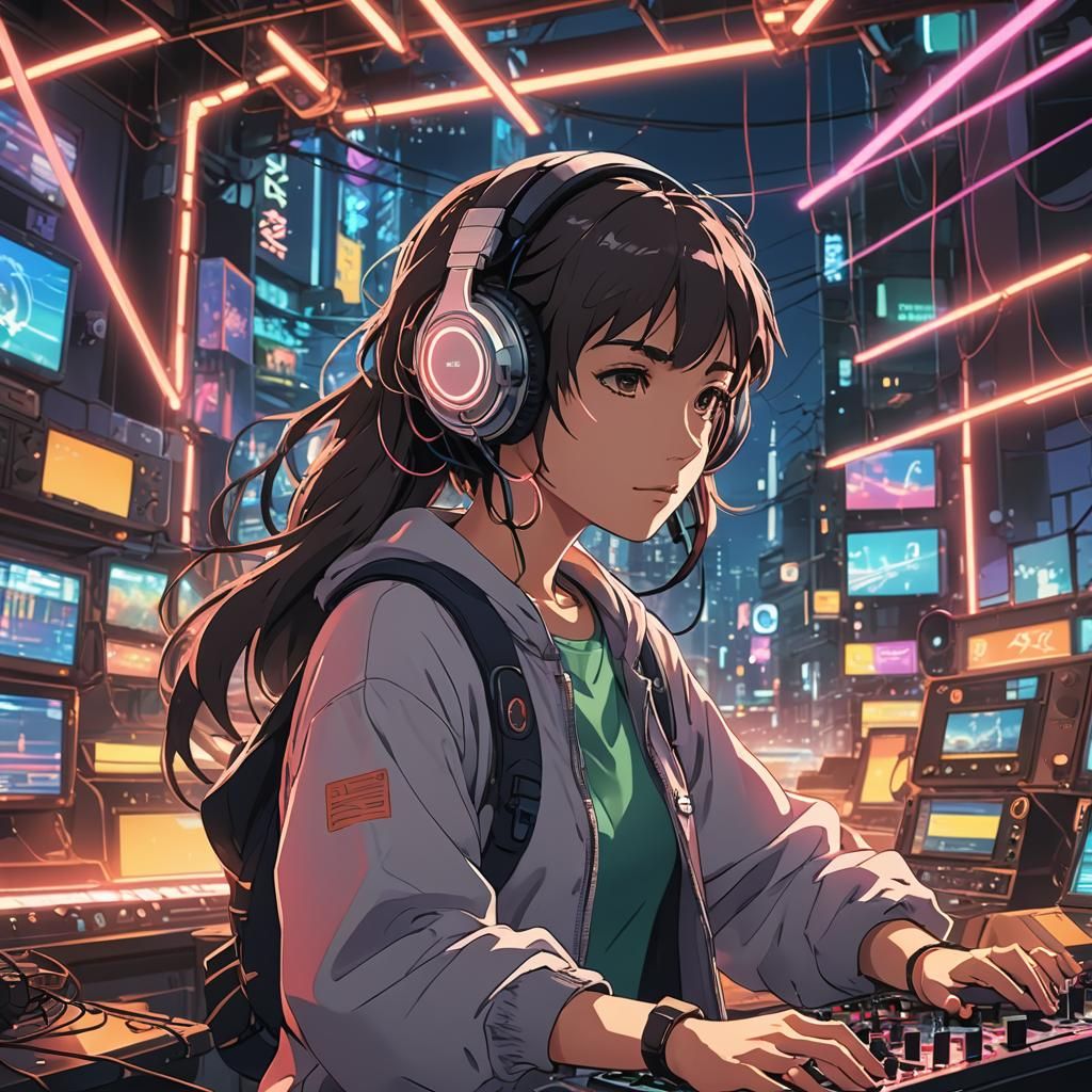 Anime DJ Girl with Neon Lights in Ghibli Style