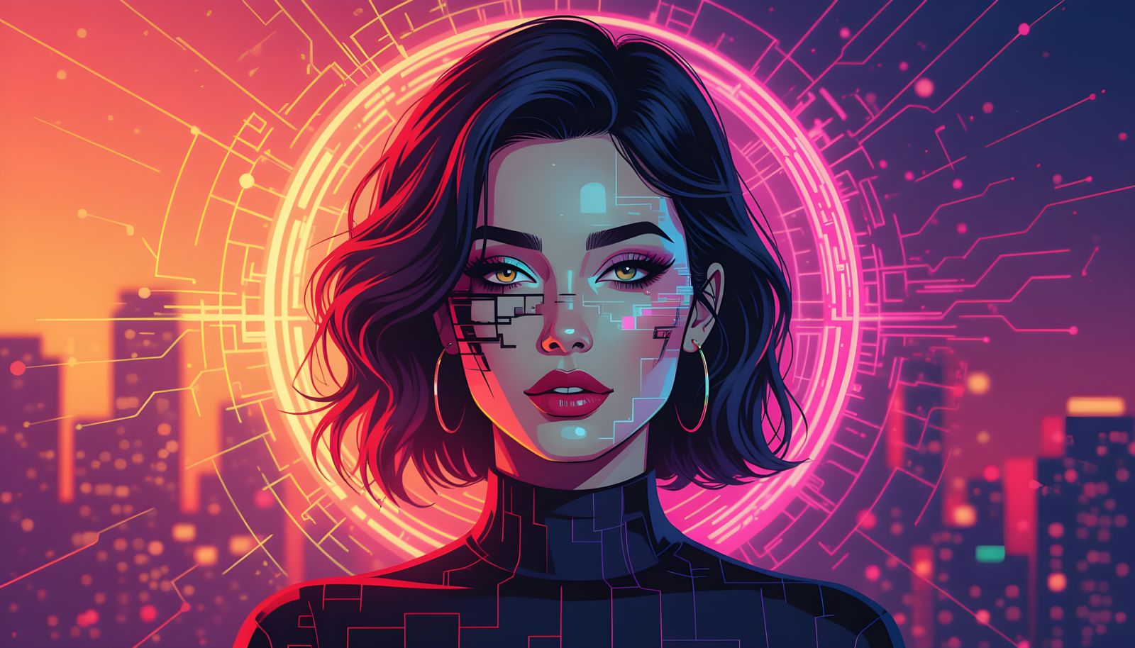 Glitched Woman Portrait in Vibrant Synthwave Neon Style