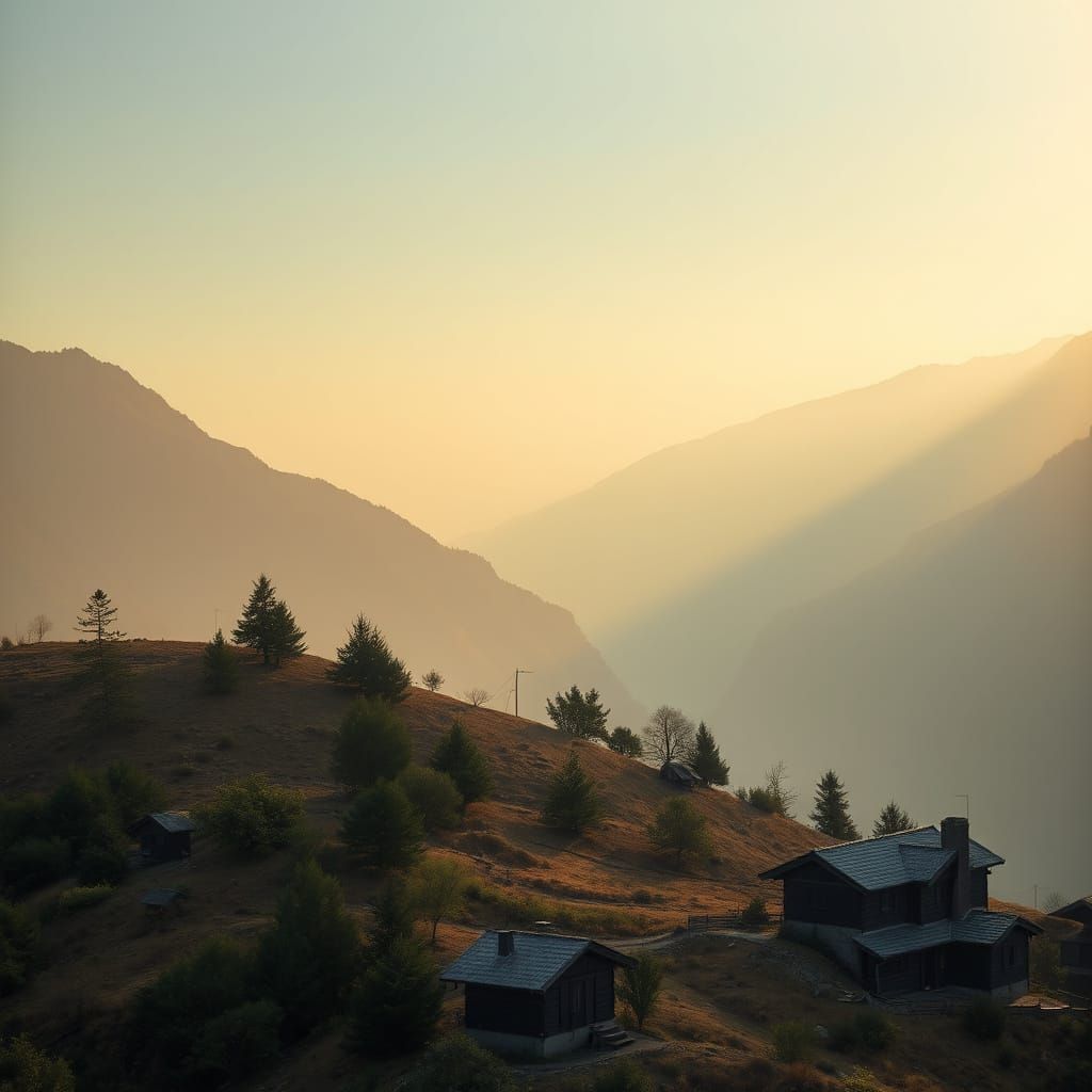 Misty Mountain Slope with Quaint Rustic Houses