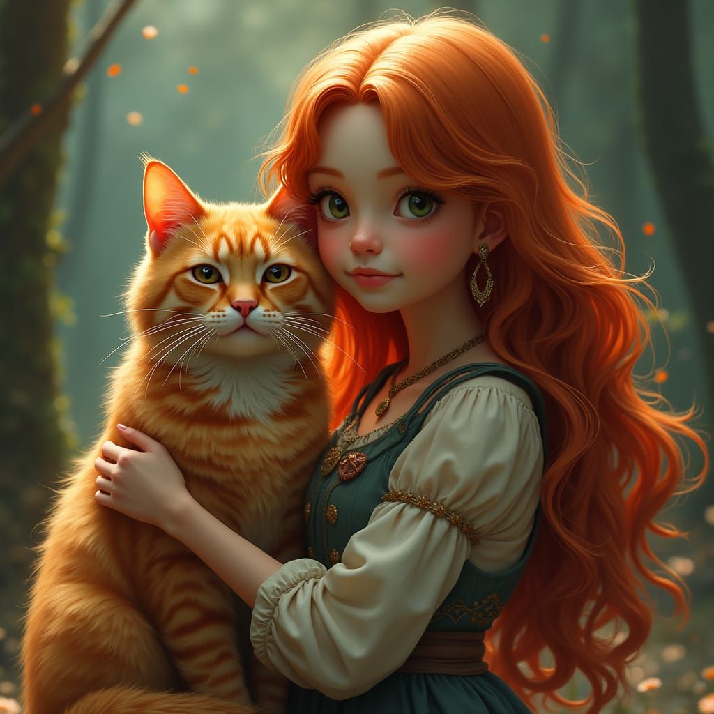 Elegant Cat and Girl Portrait in Vibrant Triadic Colors