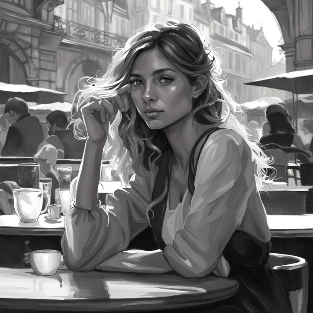 French Girl at Seine Cafe: Black and White Portrait