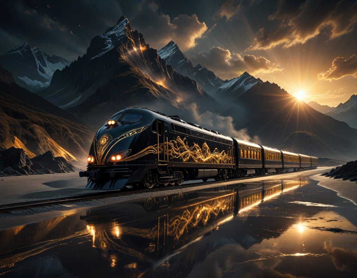 Fantasy Train of Gold Lines on Reflective Beach