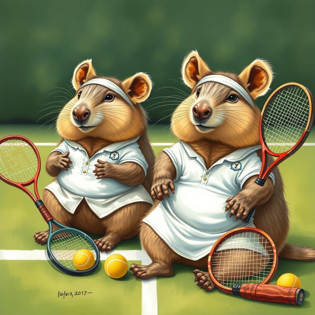 Capybaras Relax After Tennis, Beatrix Potter Style