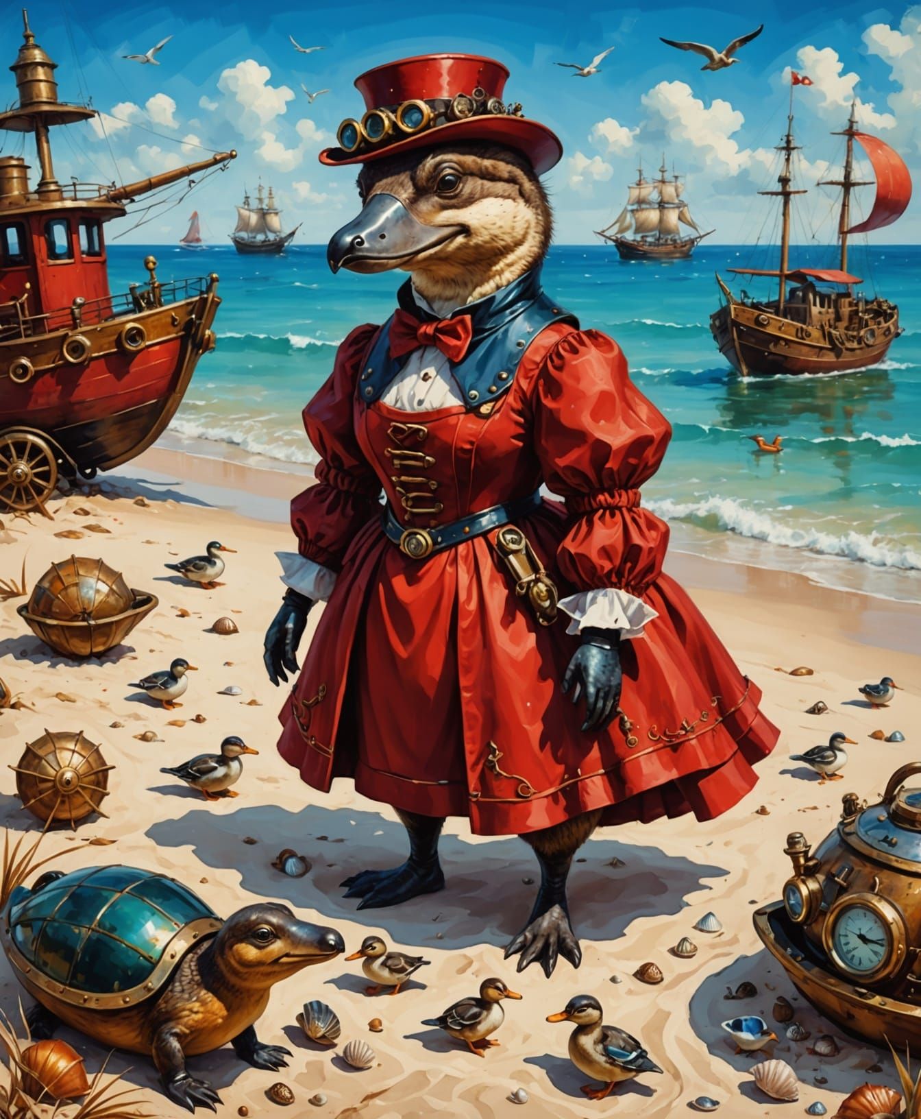 Steampunk Platypus Beach Scene in Vibrant Oil Paints
