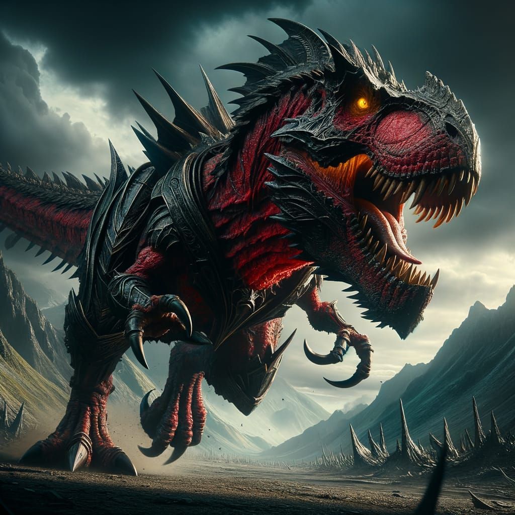 Fearsome Dark Fantasy T-Rex Charges Through a Desolate Valle...