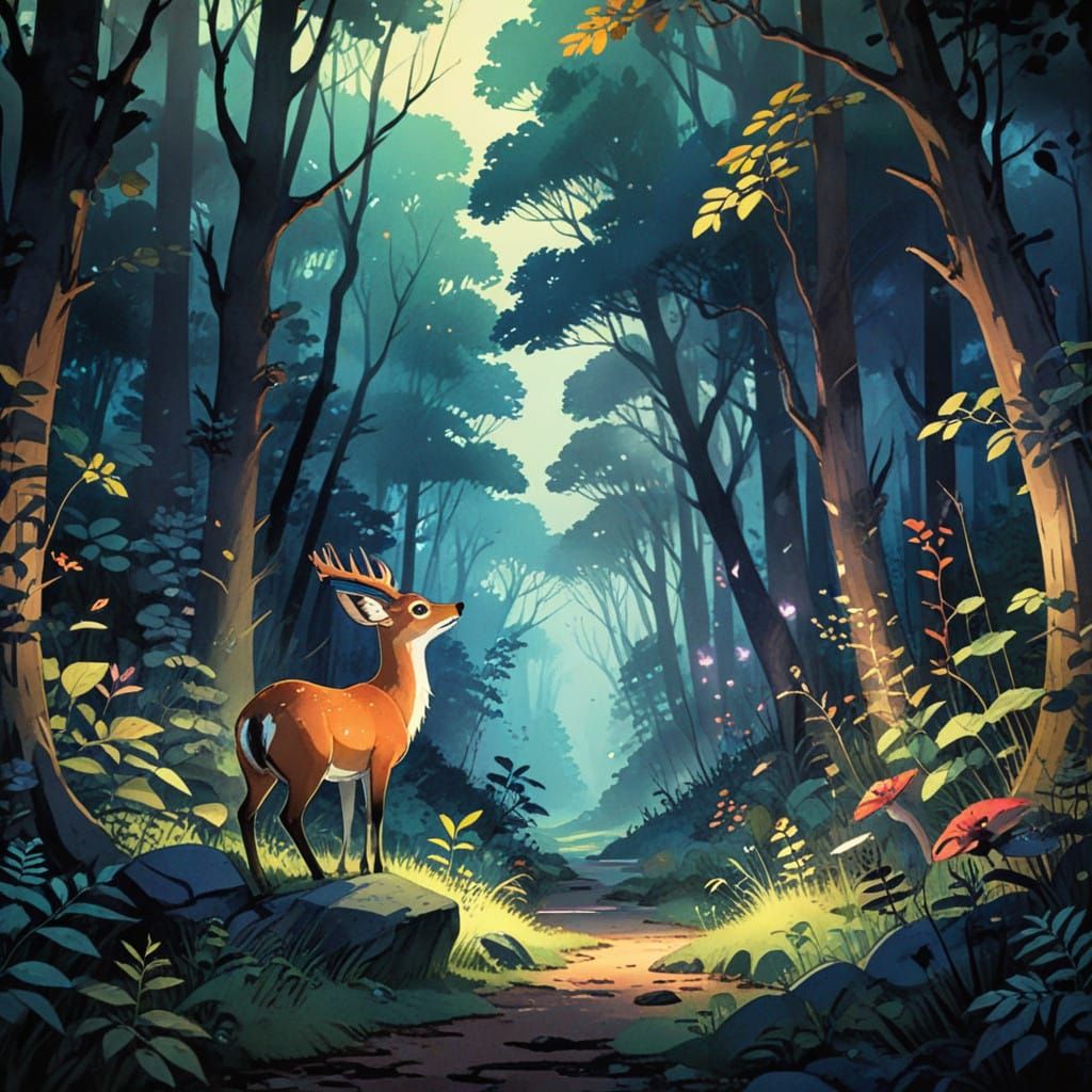 Whimsical Forest Scene in Watercolor Style