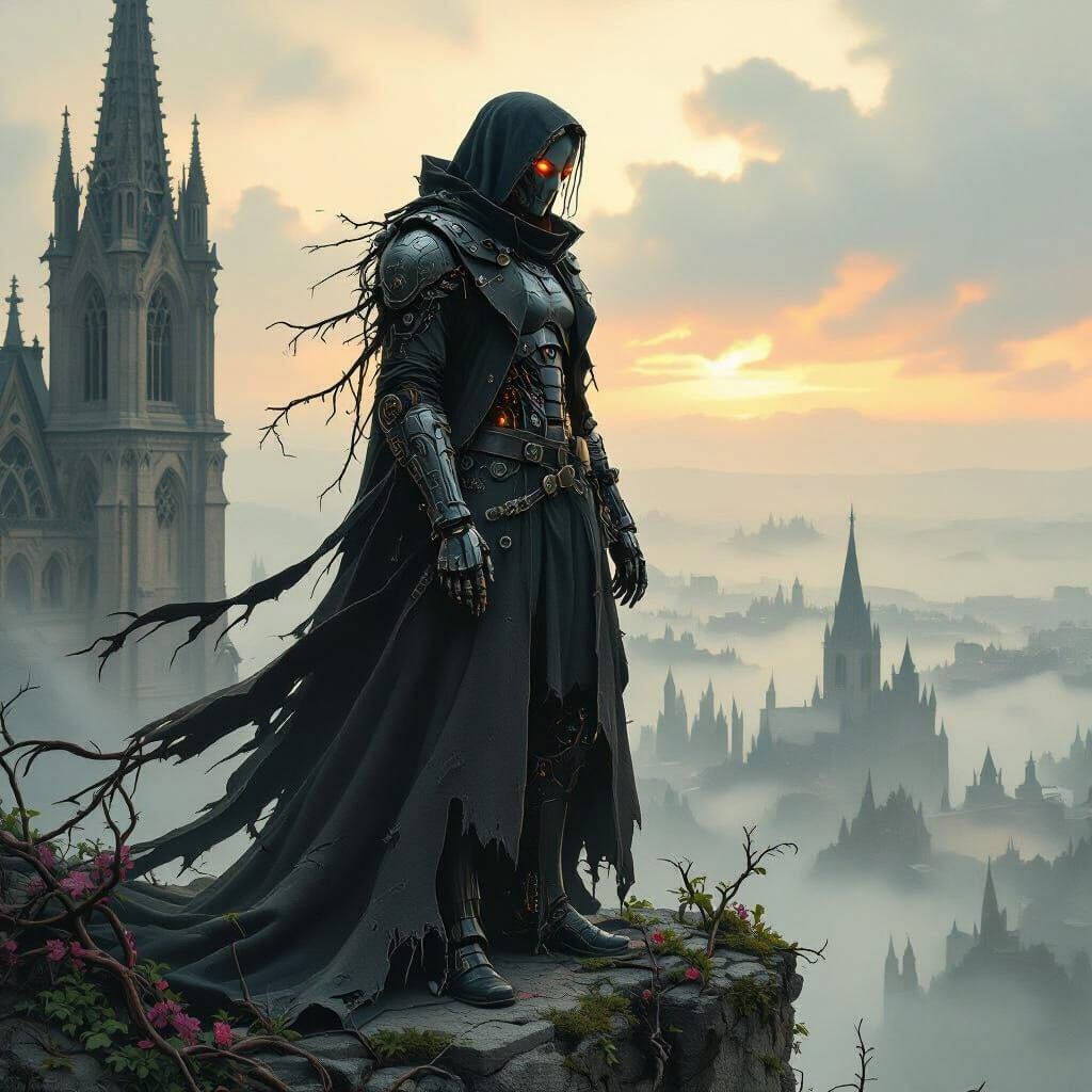 Gothic Cyborg Warrior in Hyperrealistic Style