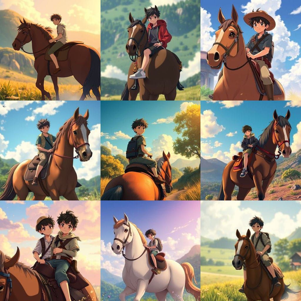 Boy in Street Clothes Rides Horse, Anime Key Visual Style